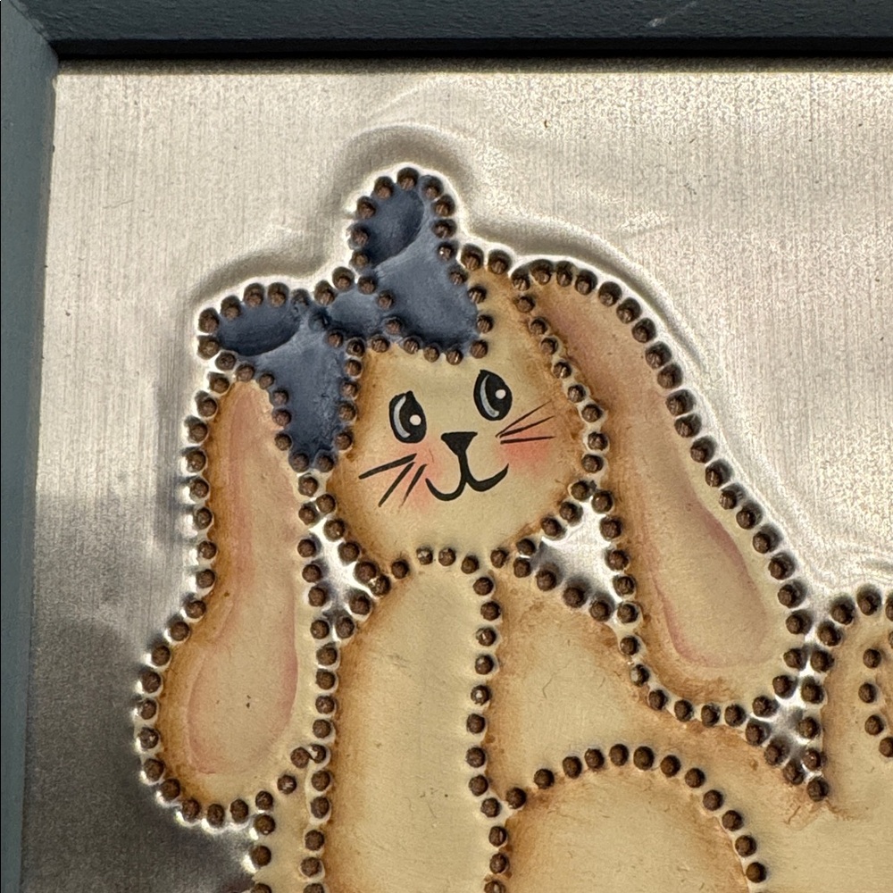 Vintage! The Pleasant Look Framed Hand Punched + Painted Tin Bunny Artwork - Picture 3 of 8